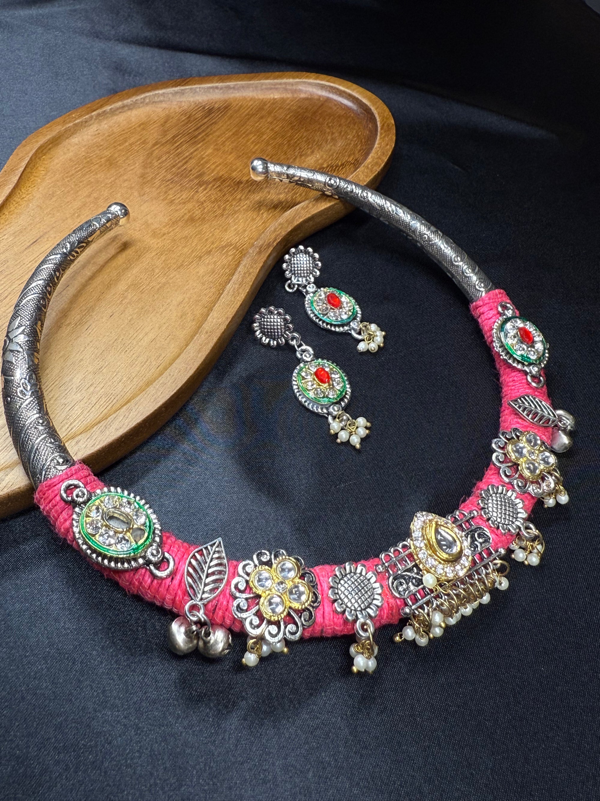 Traditional Silver Hasli with Pink Thread Design