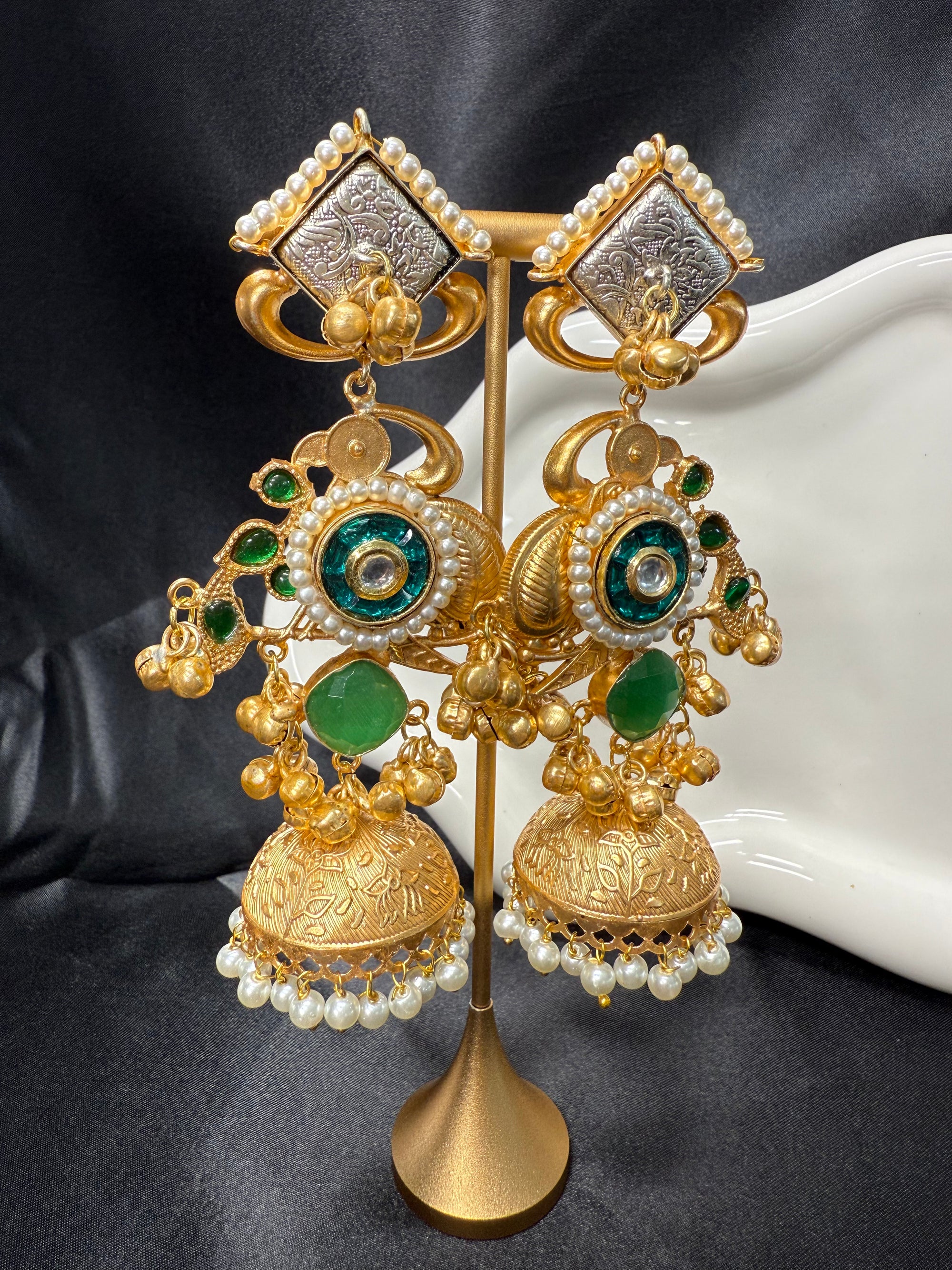 Dual Tone Green Stone Jhumka