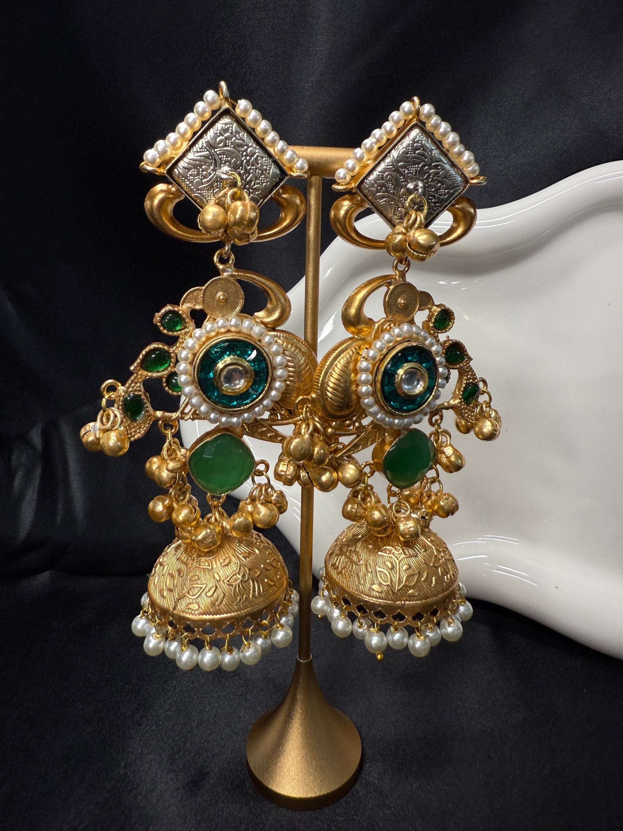 Dual Tone Green Stone Jhumka