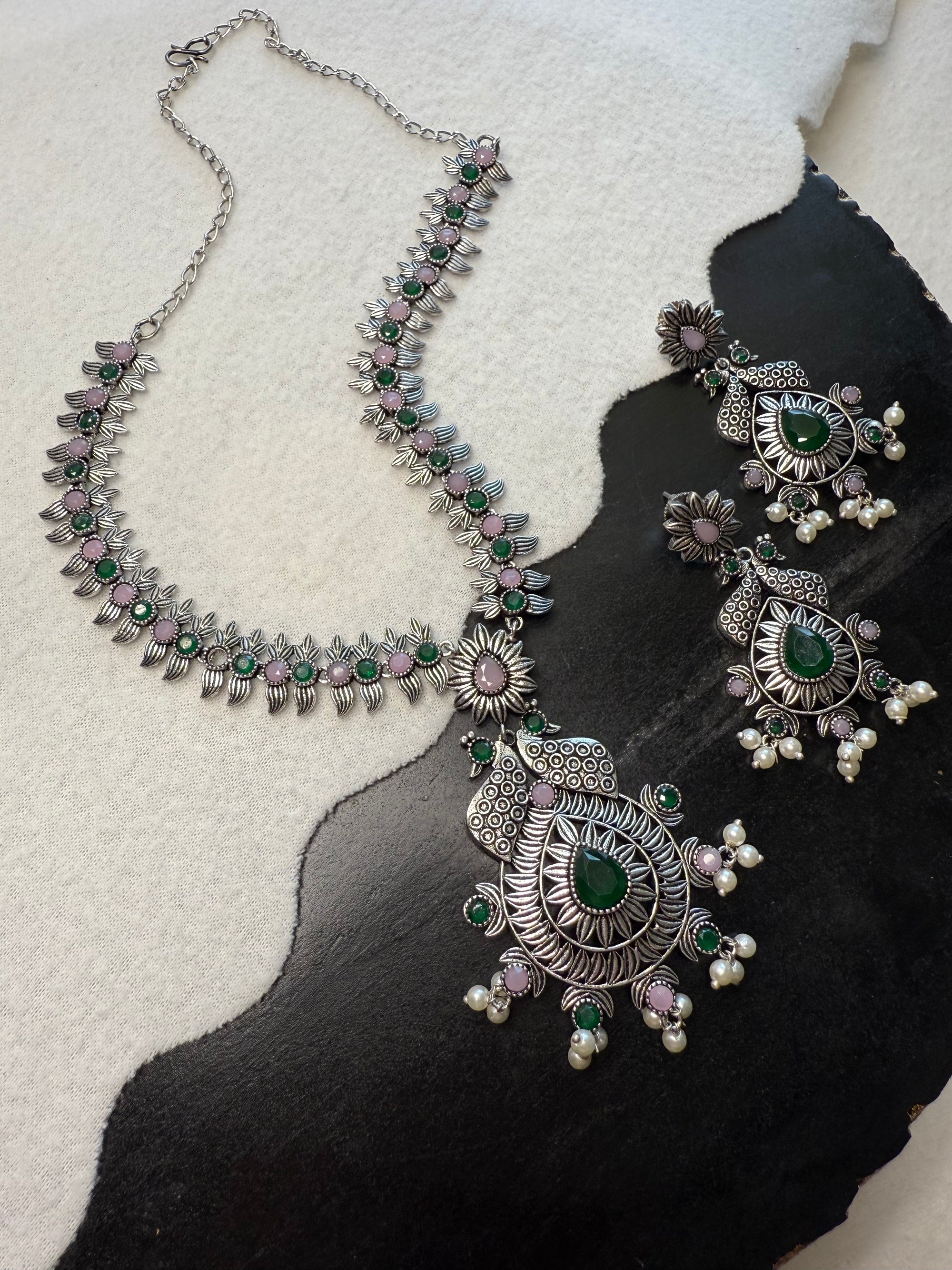 Green/Pink Oxidized Necklace