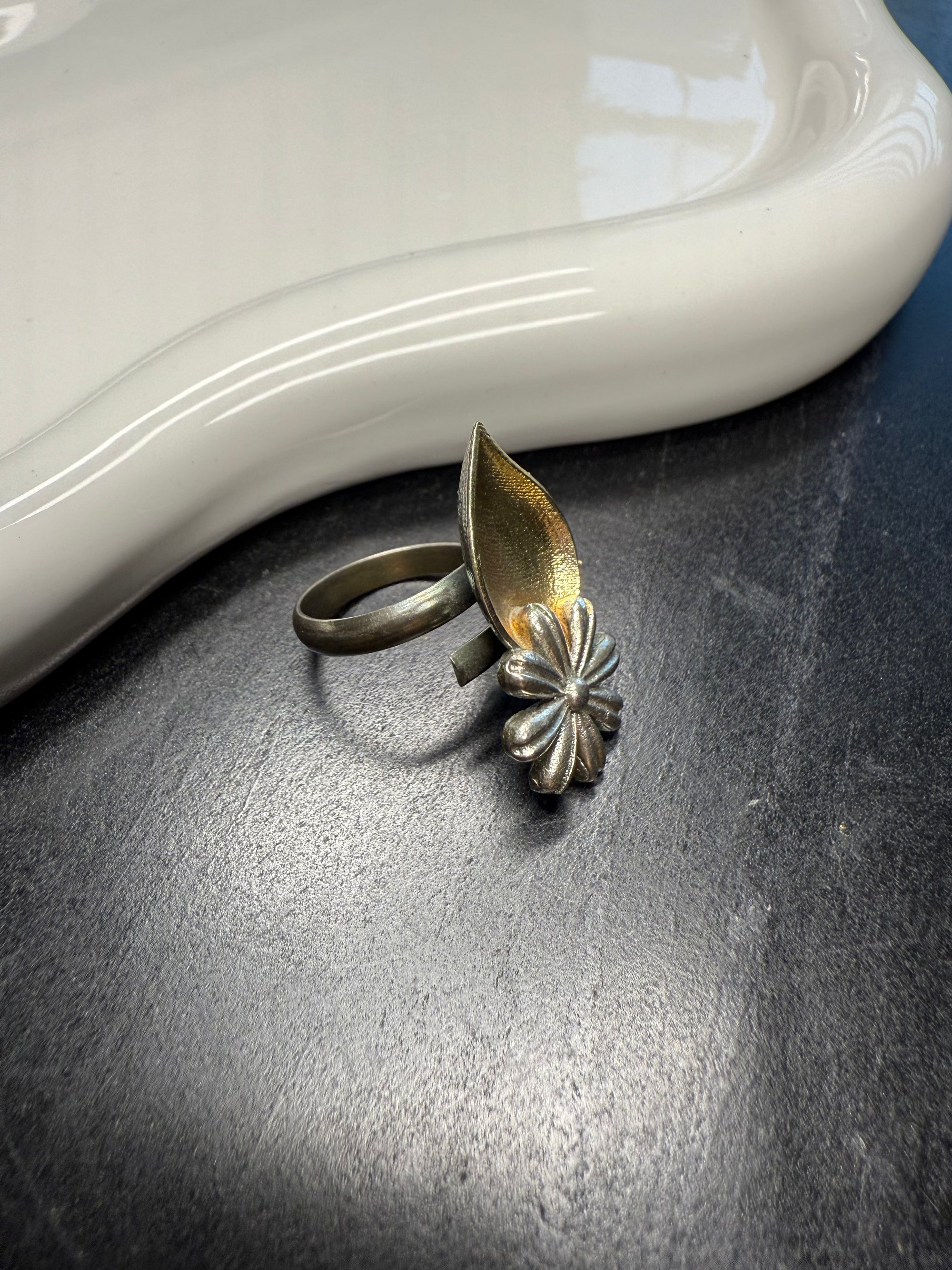 Floral Teardrop Dual Tone Ring