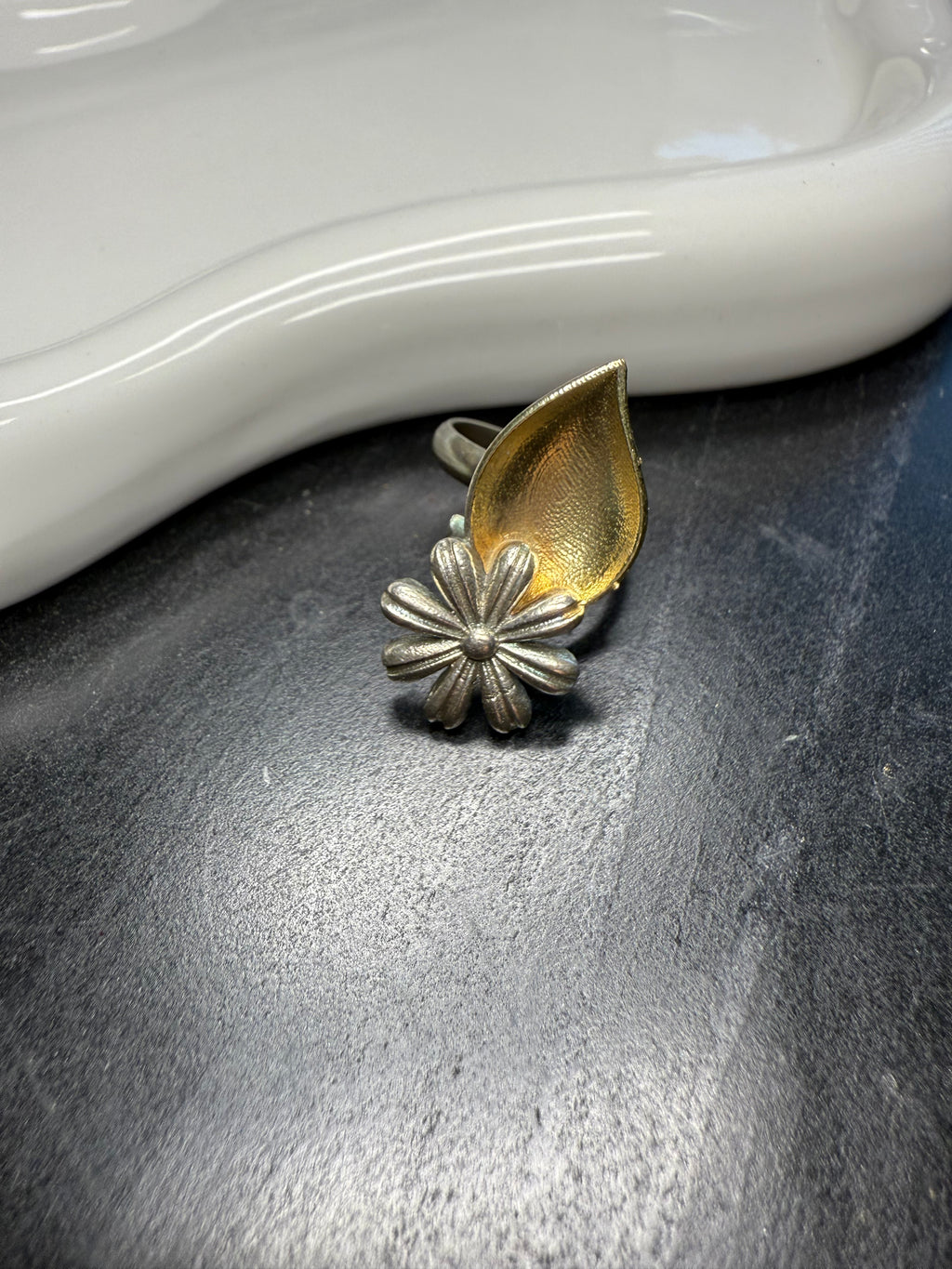 Floral Teardrop Dual Tone Ring