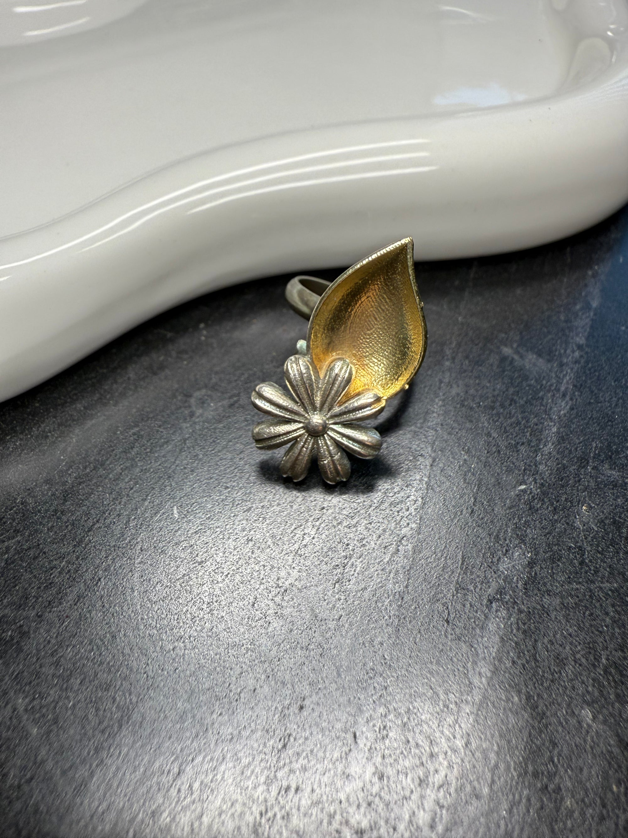 Floral Teardrop Dual Tone Ring