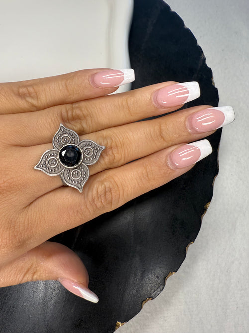 4 Petal Black Stone Ring