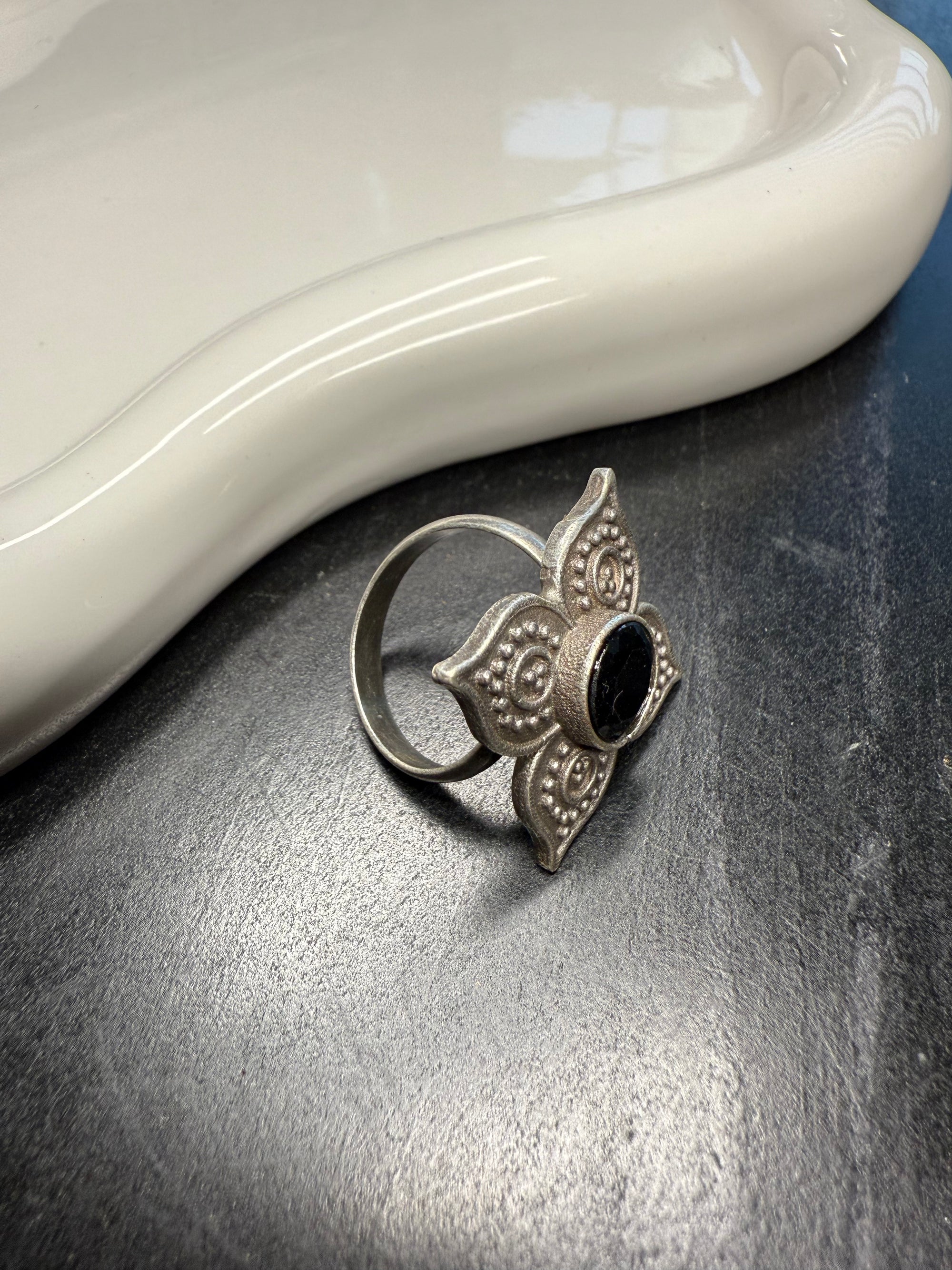 4 Petal Black Stone Ring