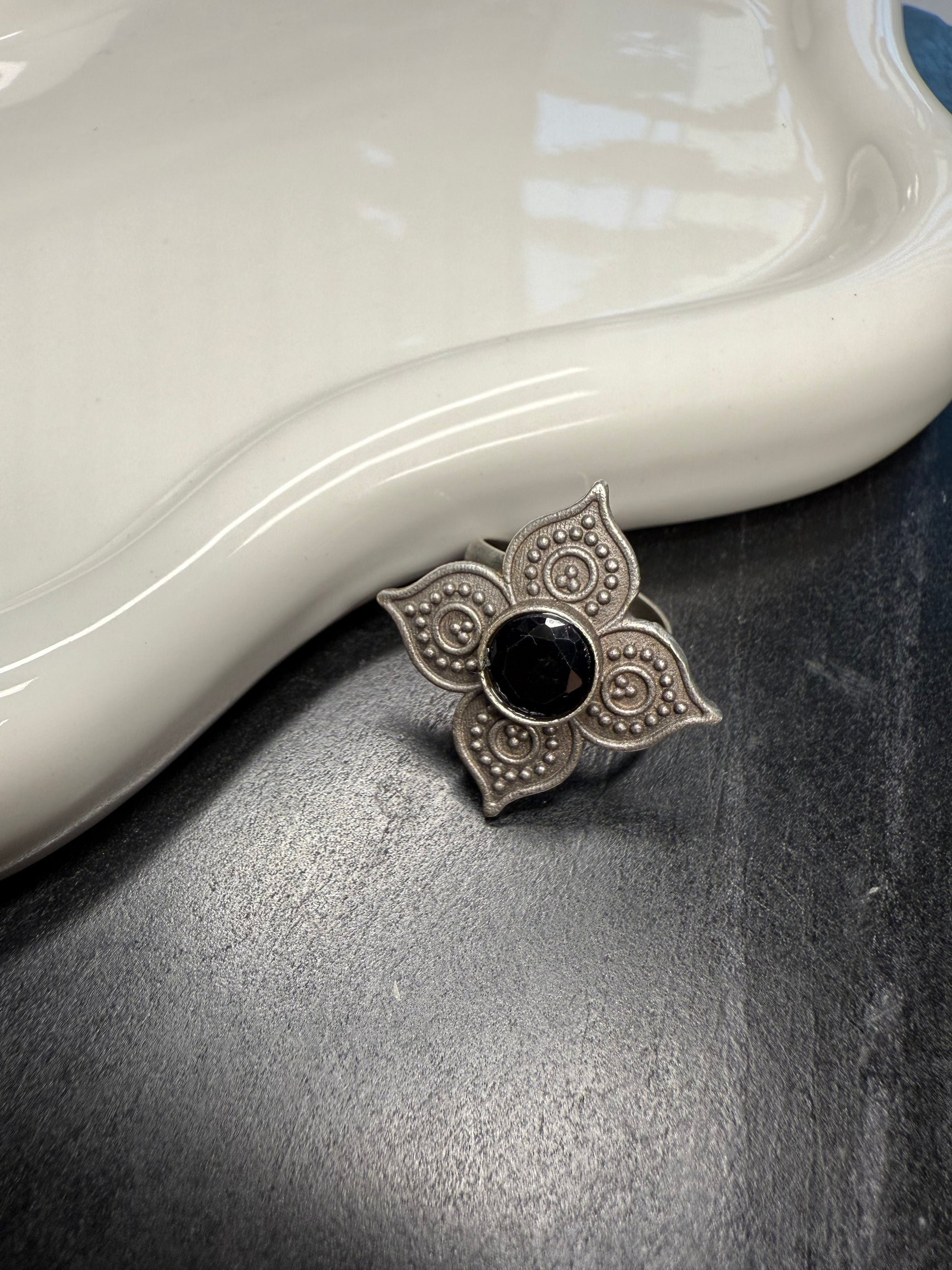 4 Petal Black Stone Ring