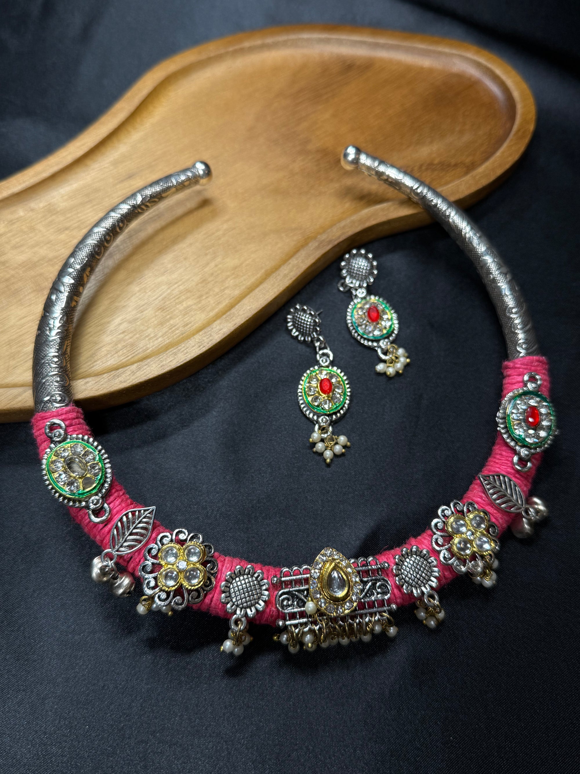 Traditional Silver Hasli with Pink Thread Design