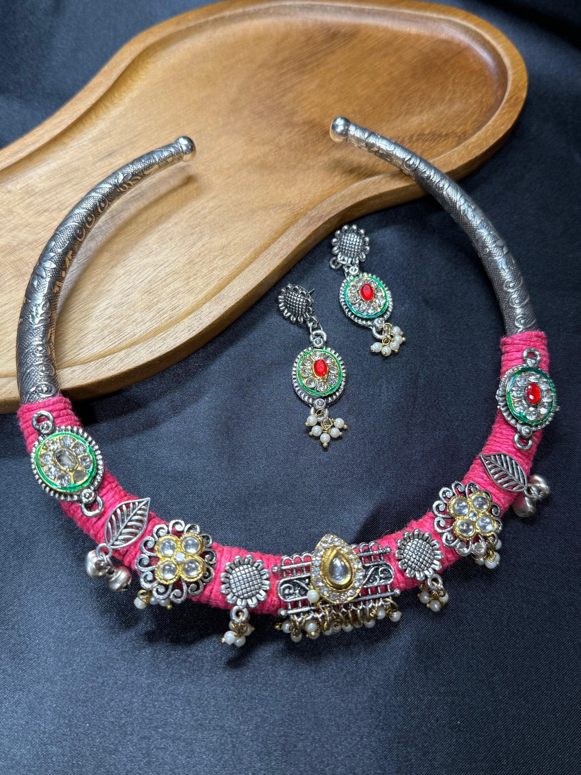 Traditional Silver Hasli with Pink Thread Design