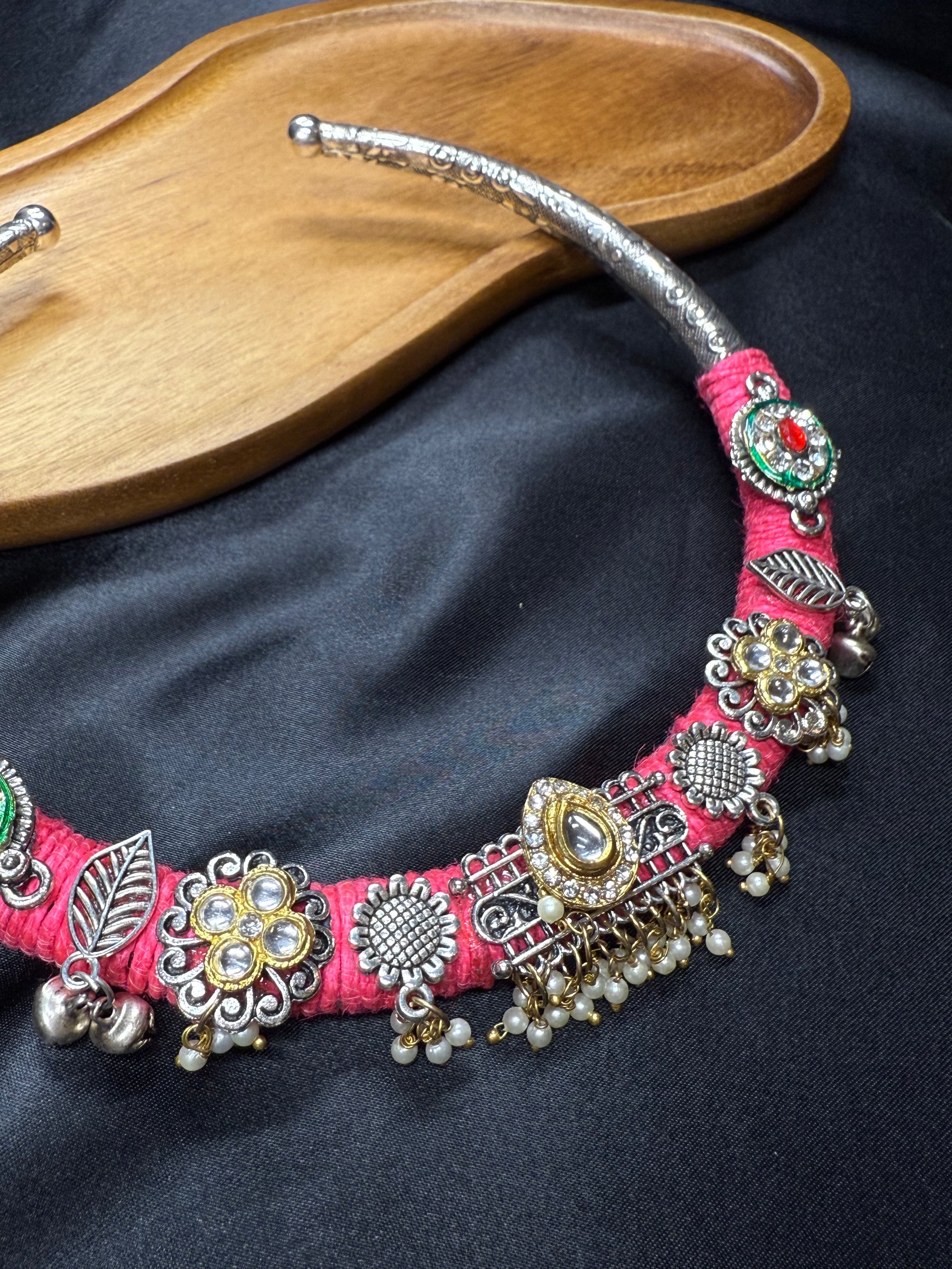 Traditional Silver Hasli with Pink Thread Design