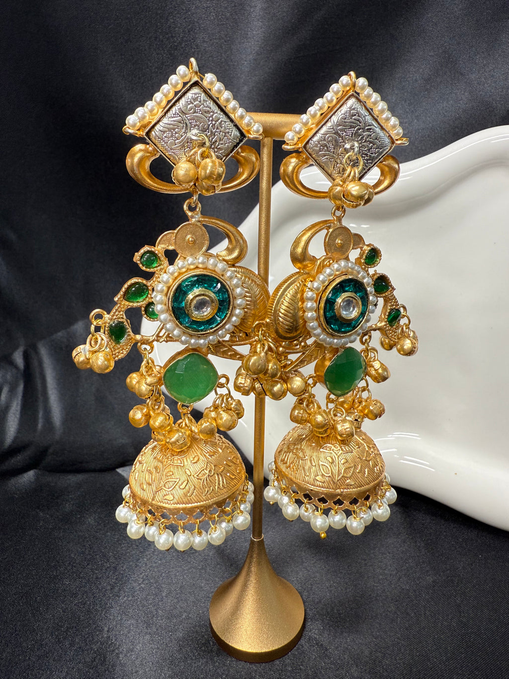 Dual Tone Green Stone Jhumka